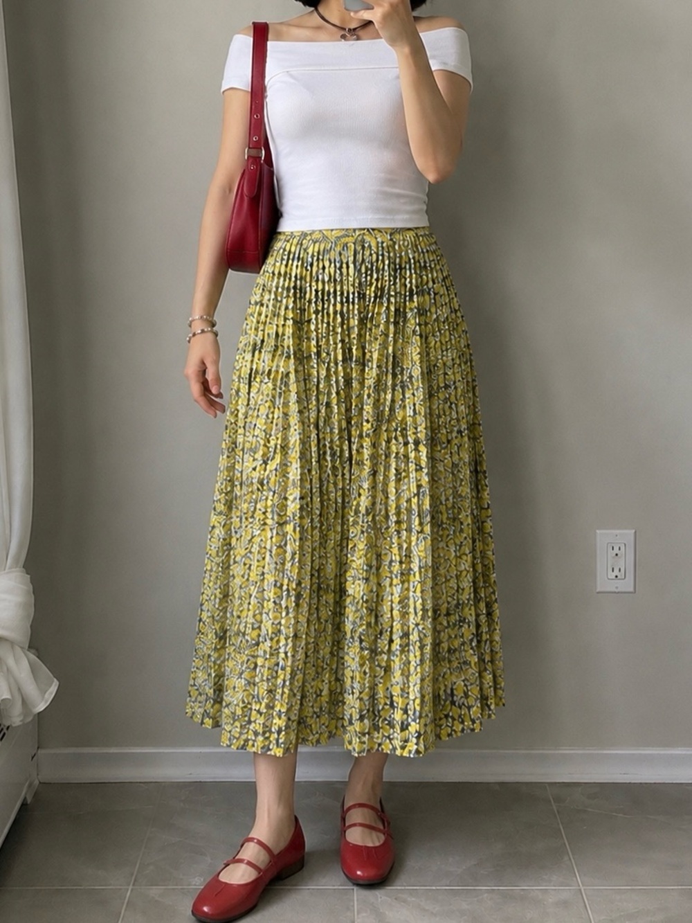 Who What Wear Yellow Floral Pleated Midi Skirt